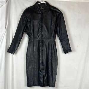Vintage Bermans Black Leather Fitted Trench Coat